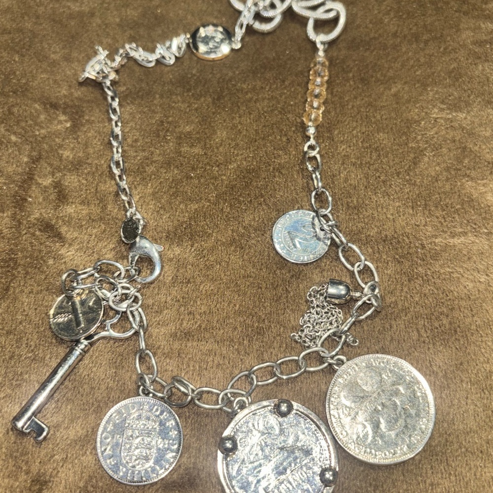 LOT B– long Chain with  Silver Coin Charm Necklace